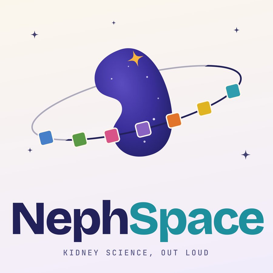 NephSpace cover: a kidney drawn as a night sky with a bright star, circled by an orbit of colored urine-dipstick pads. Kidney science, out loud.